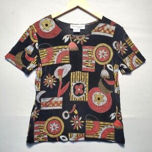 VTG 90s Christine Gerard Top Womens Large Black Abstract Artsy Slinky Knit Indie